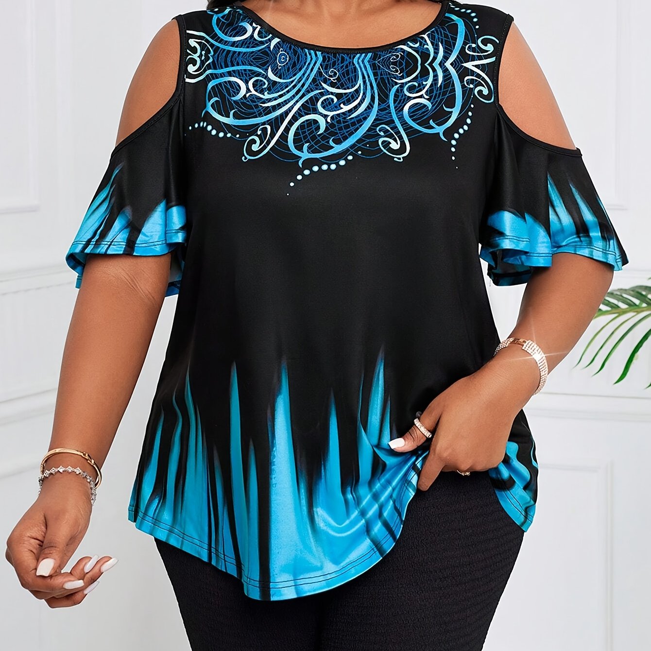 4bf1e5e34aca2e7bd9ca18e77dca9f35_975cde5863d9-1.jpg plus size women's gradient print cold shoulder t shirt - Color : Blue - Size : 0XL - Image 1