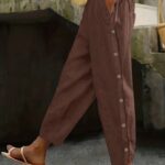 Women's Plus Size Solid Color Elastic Waist Pants with Decorative Buttons