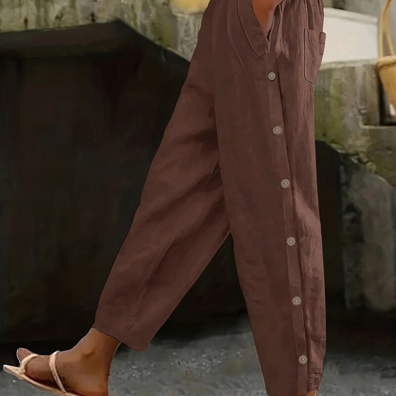 Women's Plus Size Solid Color Elastic Waist Pants with Decorative Buttons