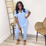 Blue V Neck Casual Loose Long Pant