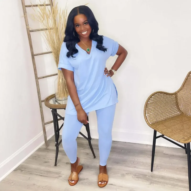 Blue V Neck Casual Loose Long Pant