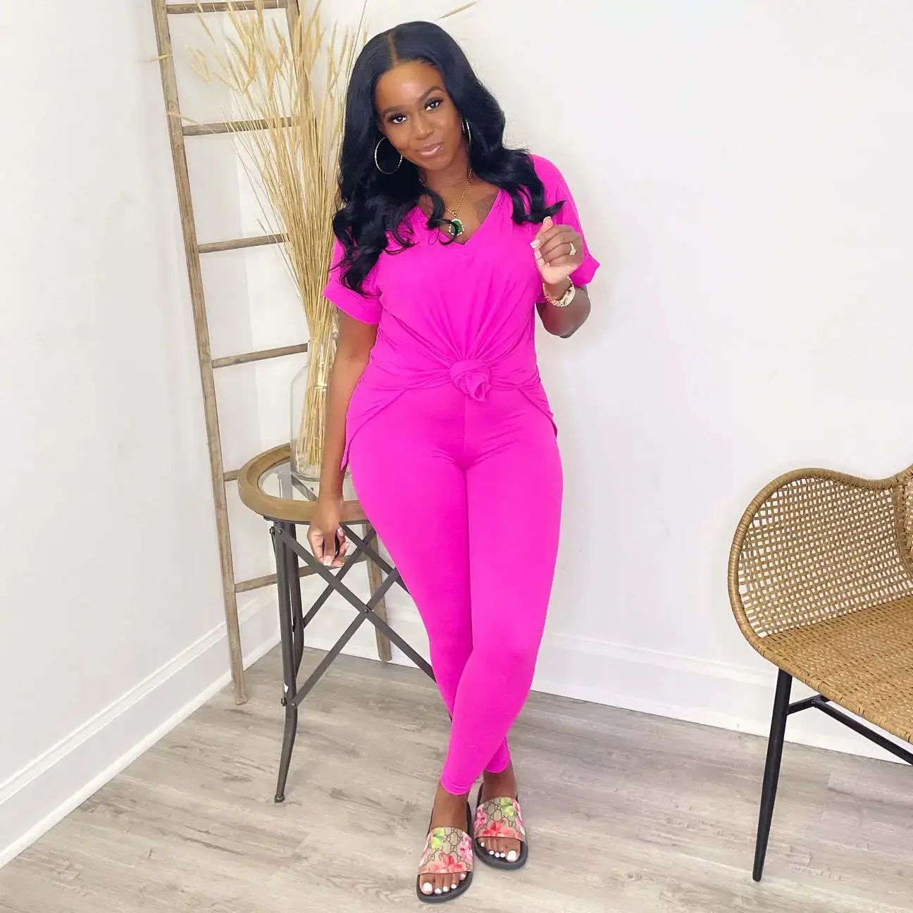 Sf10c94758ac345f49fa7262f1665102dE-4.webp Solid V Neck Casual Loose Long Pant Set 2026 Summer 2 Two Pcs Sets Casual Tracksuits Street Outfits -- Color : Rose Red - Size : S - Image 1