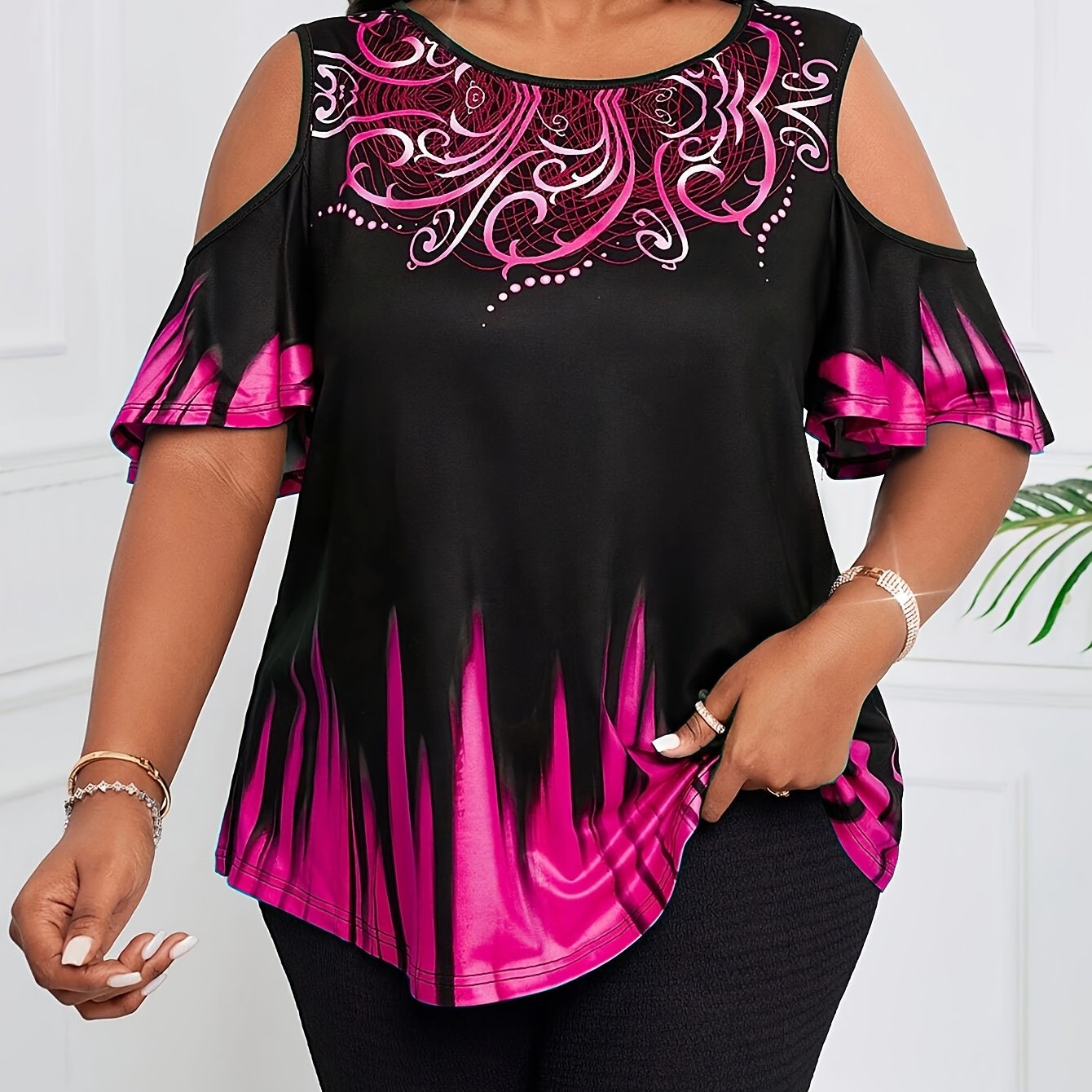 c98aef70463dc4cb363561c134caa661_efd94ad09e3e.jpg plus size women's gradient print cold shoulder t shirt - Color : Rose Red - Size : 4XL - Image 1