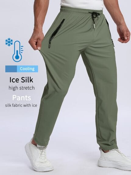 Men's sports trousers that absorb moisture,breathable, with pockets and drawstrings, zipper details, soft and comfortable soft-touch Men's jogging pants, lightweight and durable sports trousers, classic solid color versatile Men's Ice Sliky Fiber Fabric trousers