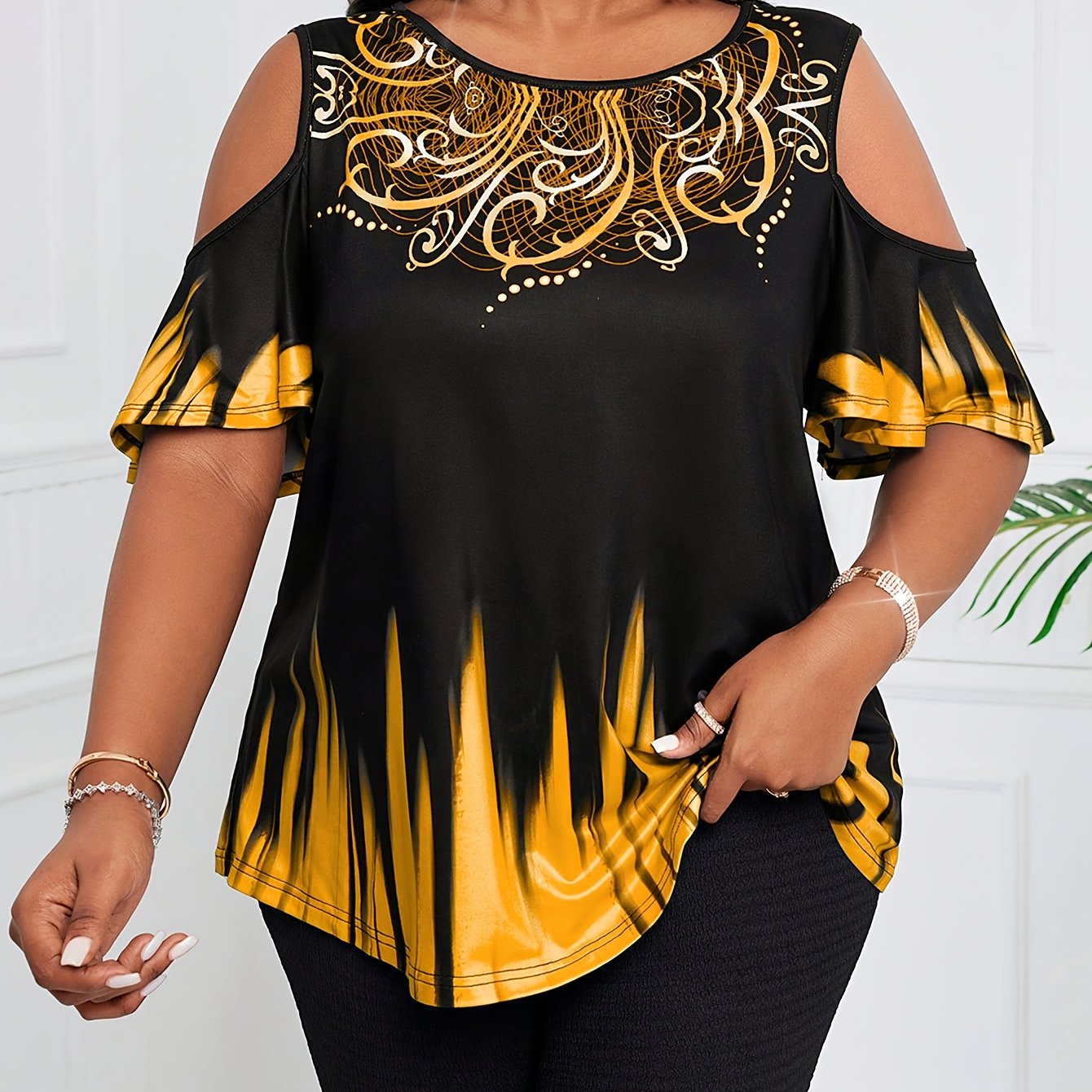 fdda5af17ac967d982a9fbe31d92d16e_389bf7754379.jpg plus size women's gradient print cold shoulder t shirt - Color : Yellow - Size : 0XL - Image 1