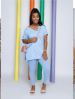 Women's Solid V-Neck Two-Piece Pants Set - Image 6