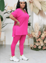 Women's Solid V-Neck Two-Piece Pants Set