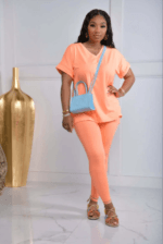 Women's Solid V-Neck Two-Piece Pants Set - Image 4