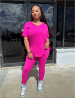 Women's Solid V-Neck Two-Piece Pants Set - Image 3