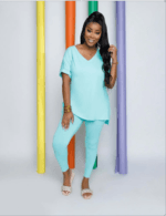 Women's Solid V-Neck Two-Piece Pants Set - Image 2
